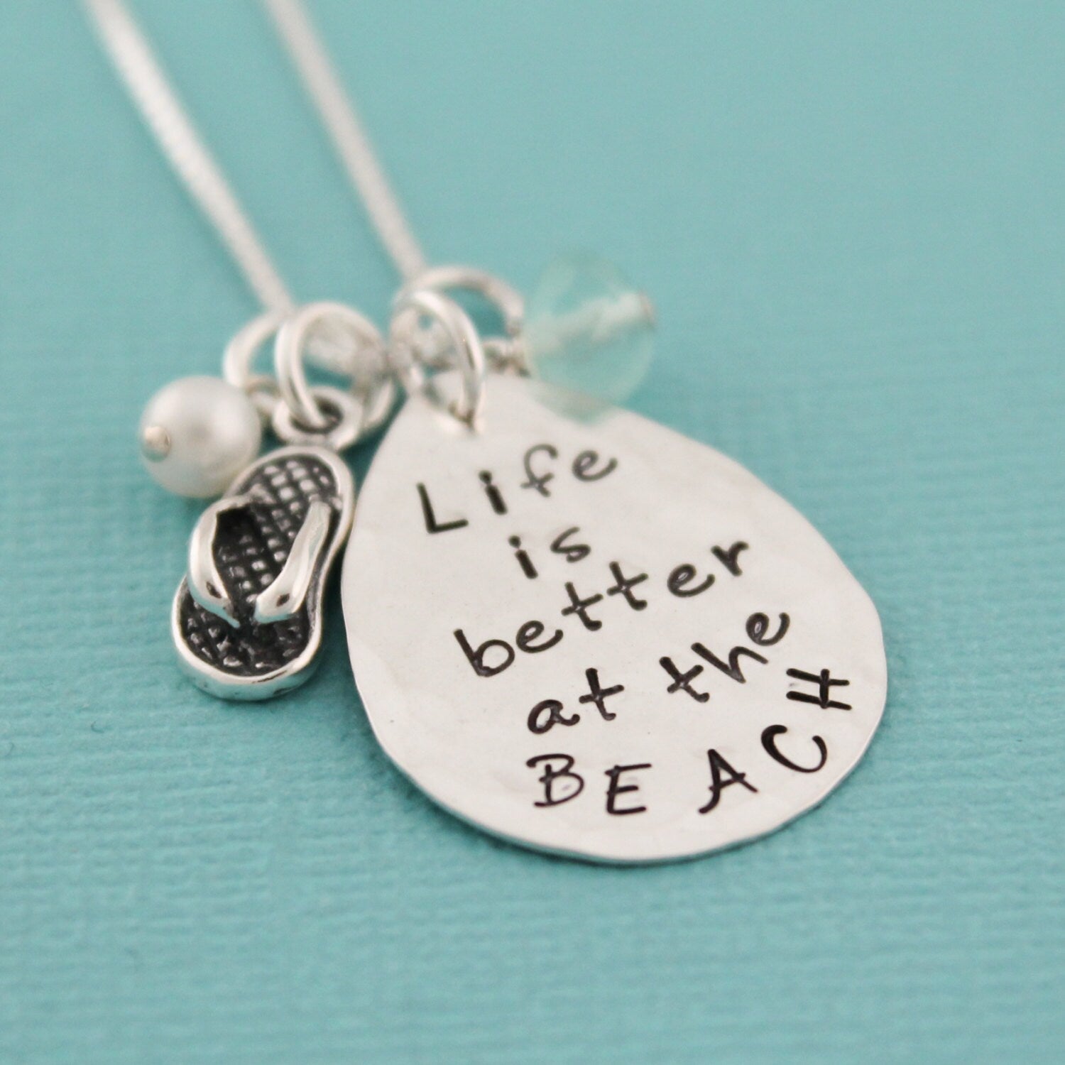 Life is Better at the Beach Necklace Flip Flop Jewelry Hand Stamped Personalized Necklace Beach Vacation Jewelry Cruise Beachwear Necklace