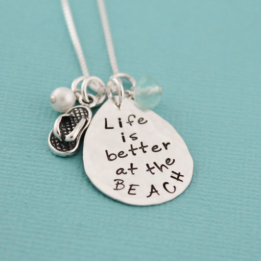 Life is Better at the Beach Necklace Flip Flop Jewelry Hand Stamped Personalized Necklace Beach Vacation Jewelry Cruise Beachwear Necklace