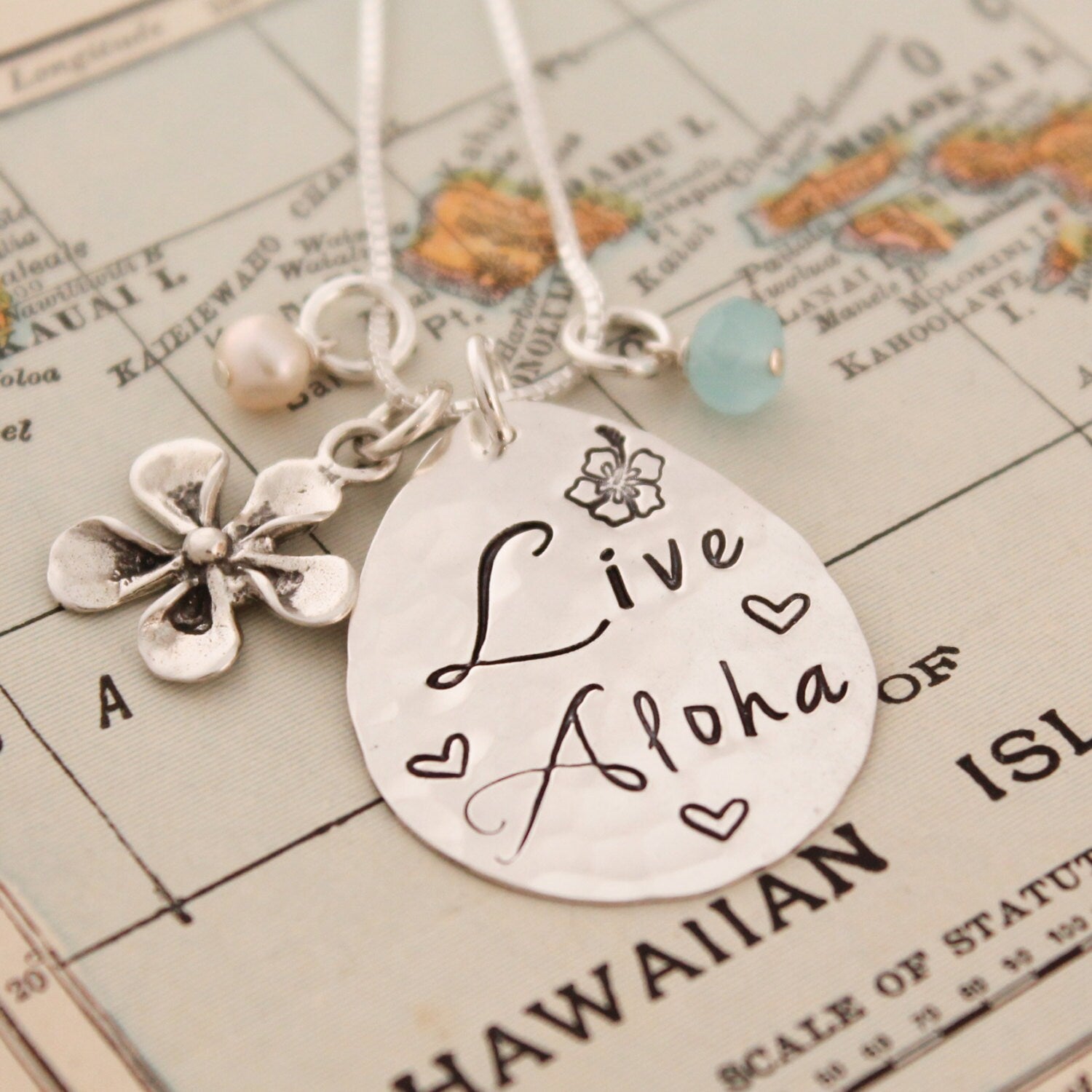 LIVE ALOHA Necklace, Plumeria Necklace, Hawaiian Jewelry, Hand Stamped Necklace, Personlized Jewelry
