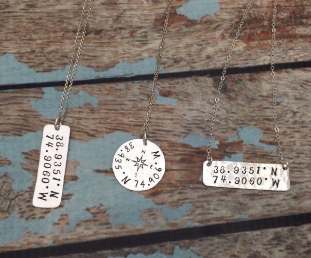 Personalized Coordinates Necklace, Latitude Longitude Bar Necklace, Latitude & Longitude GPS Necklace, Hand Stamped Sterling Silver Jewelry