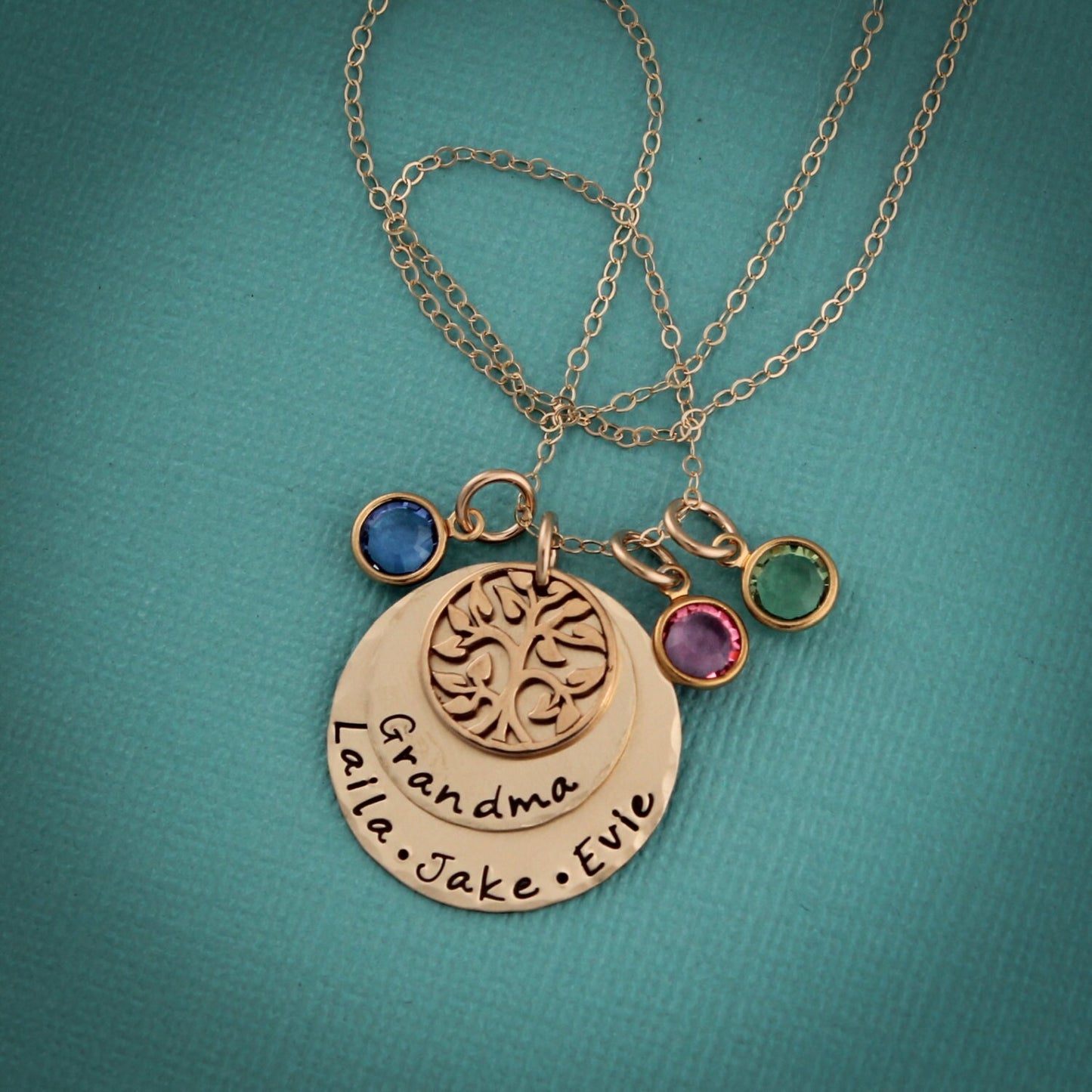 Gold Personalized Grandmother Necklace with Grandchildren Birthstone Grandma Gift Hand Stamped Jewelry Tree of Life Necklace 14K Gold Filled