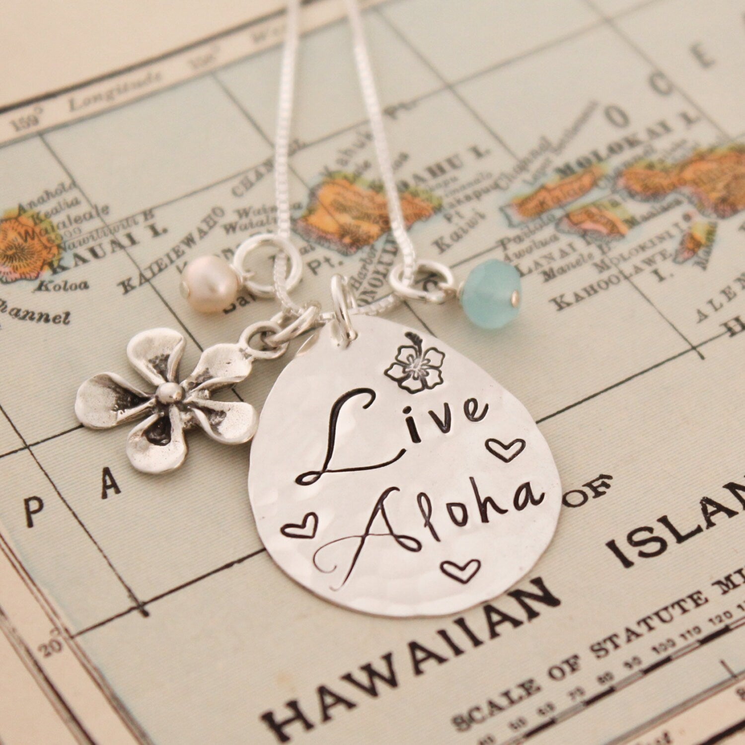 LIVE ALOHA Necklace, Plumeria Necklace, Hawaiian Jewelry, Hand Stamped Necklace, Personlized Jewelry