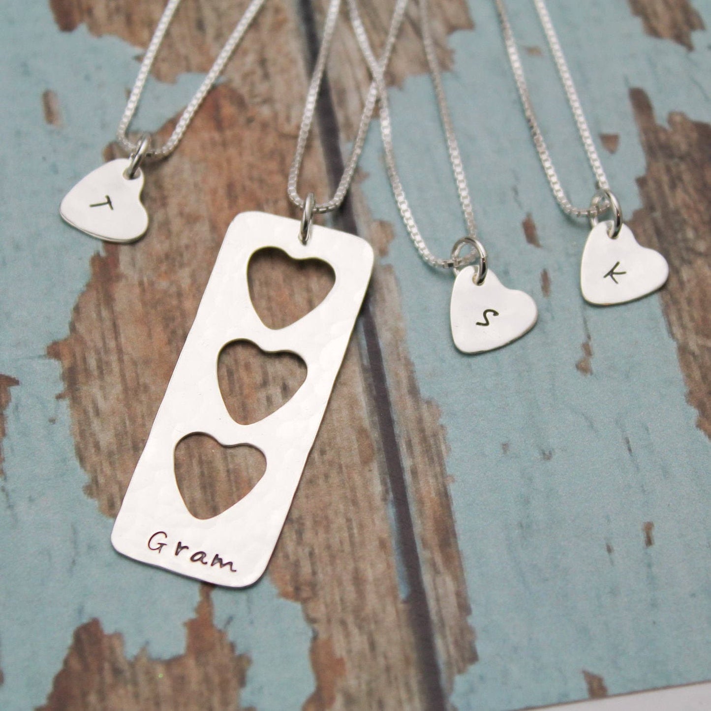Grandmother Granddaughter Set of 4 Heart Personalized Necklace Set Mother Daughter Heart Necklaces Sterling Silver Personalized Hand Stamped