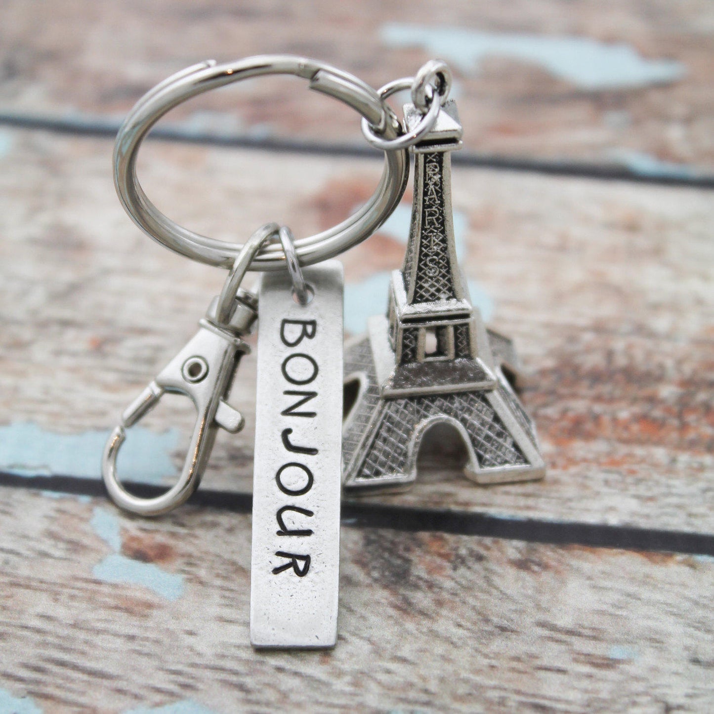 Bonjour Eiffel Tower Keychain, Personalized Hand Stamped France Key Chain, Paris Keychain, Gift for Him, Gift for Her, Travel Keychain