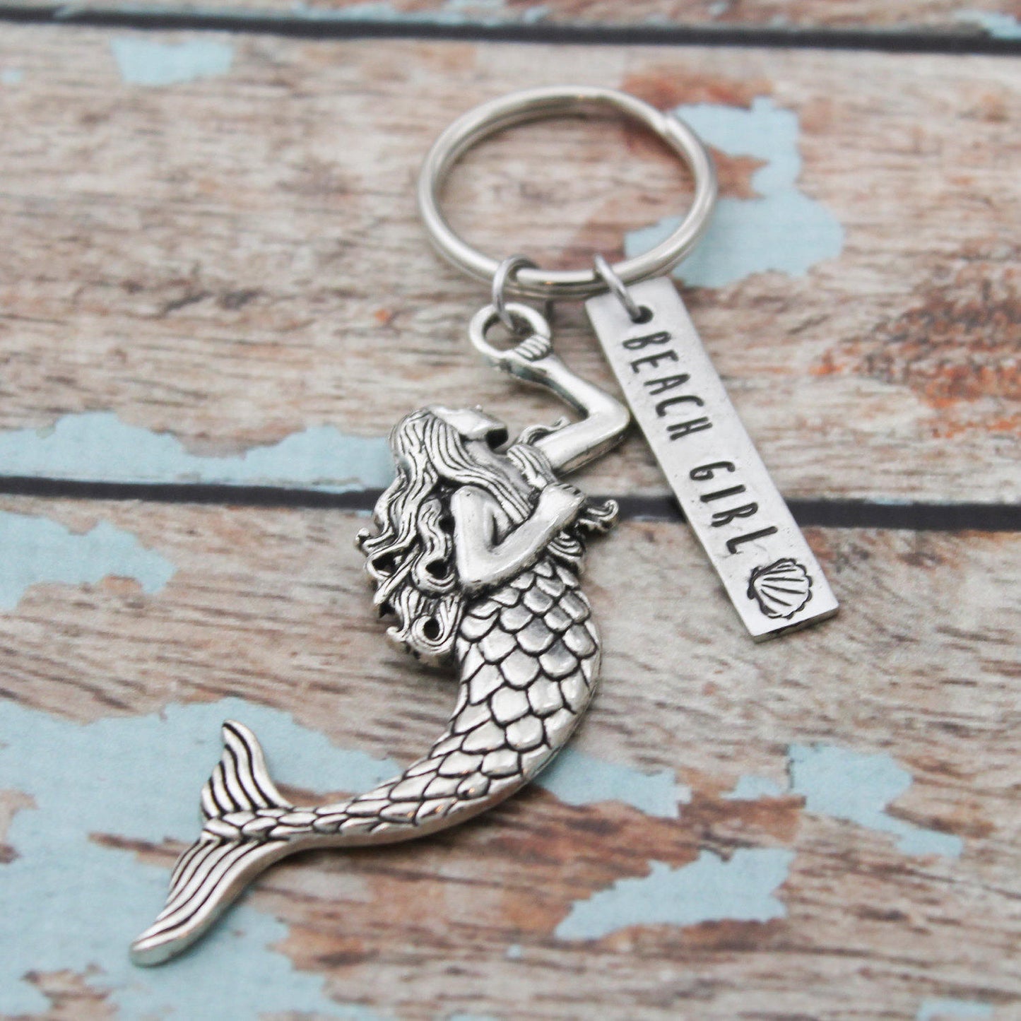 Beach Gift Mermaid Keychain, Personalized Hand Stamped Beach Keychain, Gift for Her, Resort Key chain, Nautical Key Fob