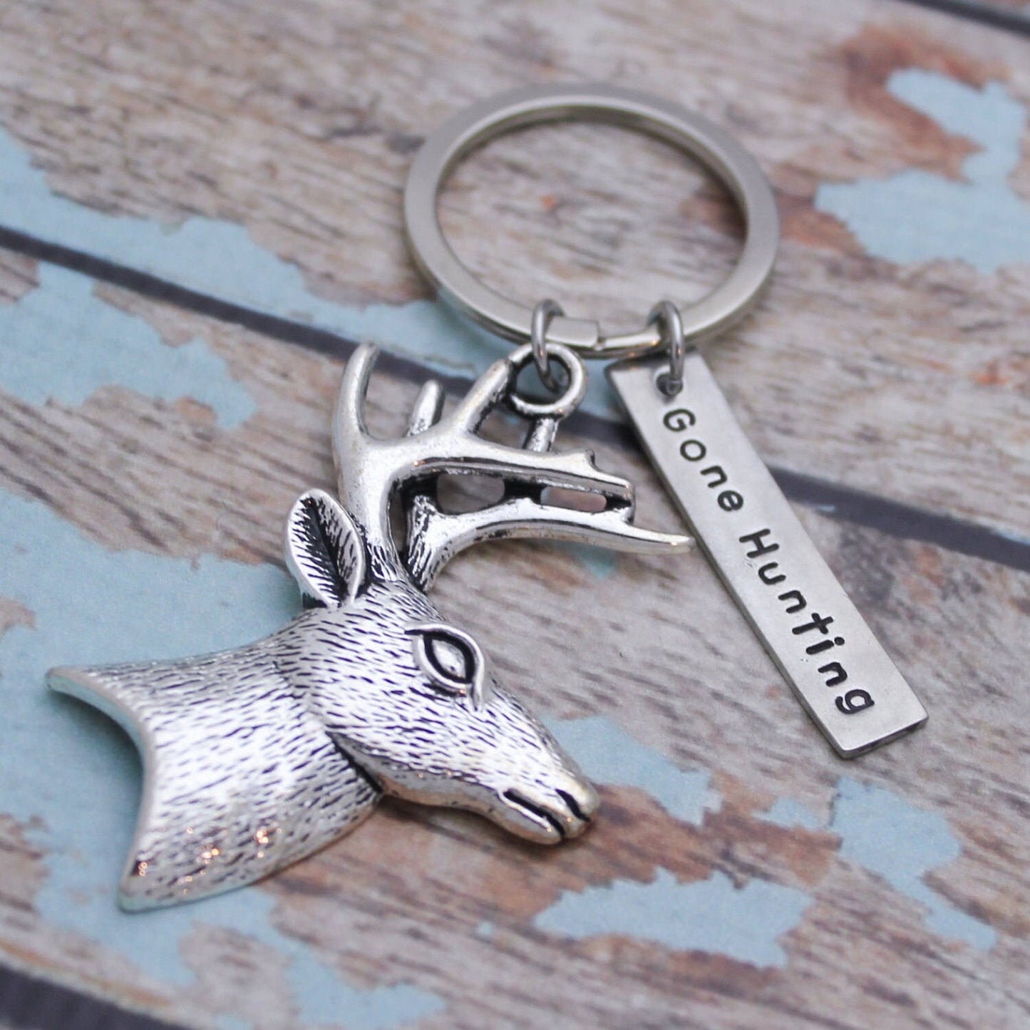 Gone Hunting Deer Buck Keychain, Personalized Hand Stamped Deer Keychain, Gift for Him, Hunting Gift, Gift for Hunter, Deer Key Chain