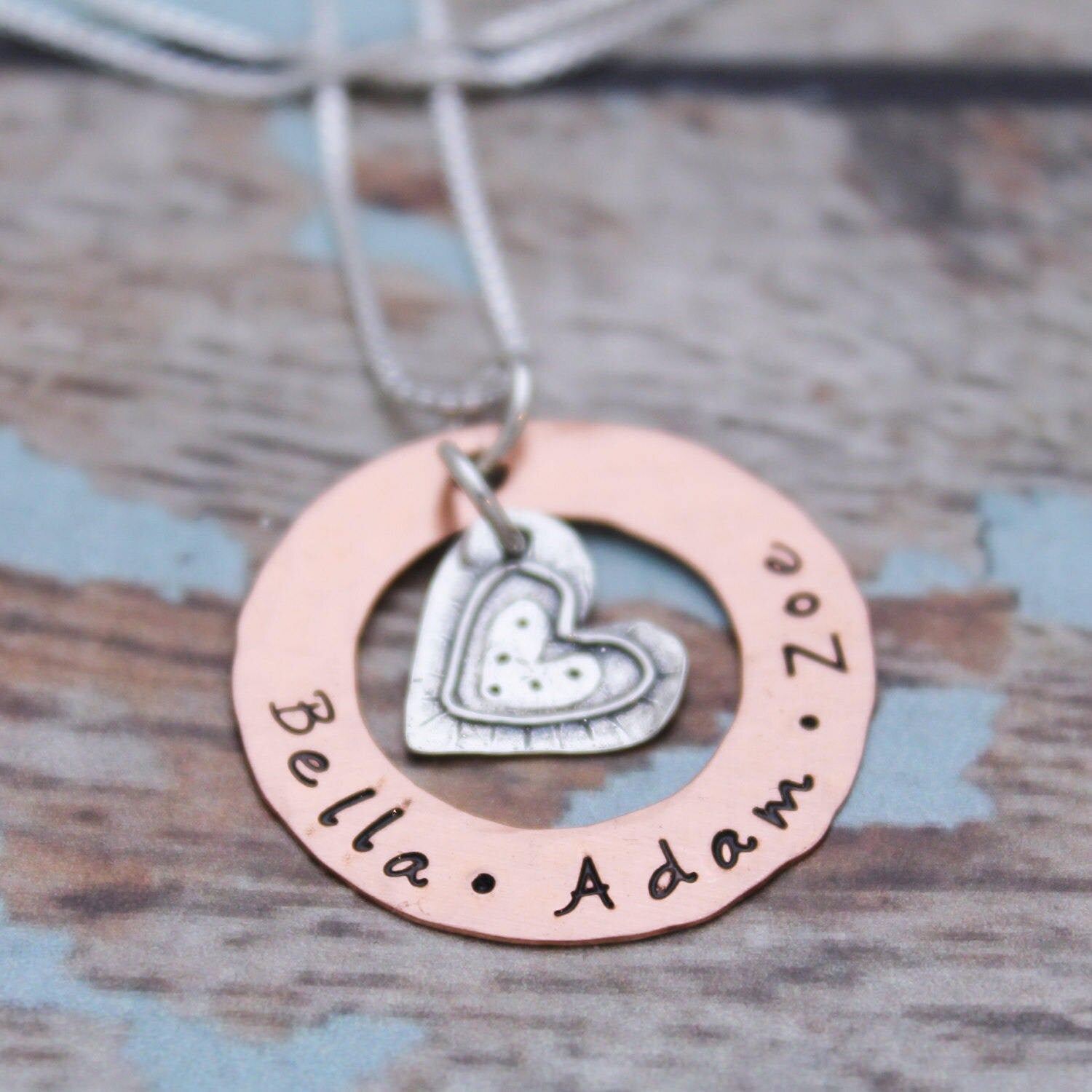 Personalized Heart Washer Necklace, Mother's Necklace, Copper or Sterling Silver Washer Necklace, Customized Mommy Jewelry, Hand Stamped