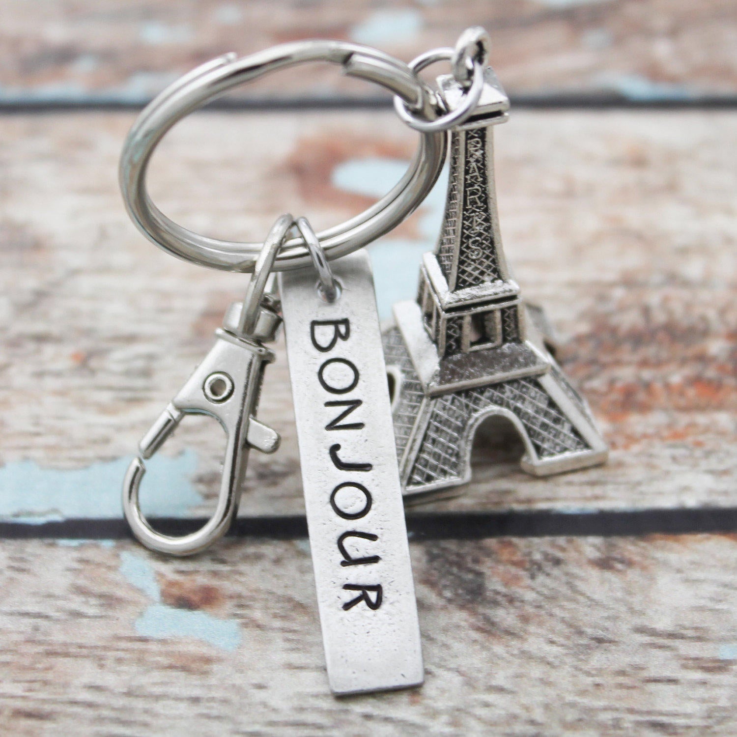 Bonjour Eiffel Tower Keychain, Personalized Hand Stamped France Key Chain, Paris Keychain, Gift for Him, Gift for Her, Travel Keychain