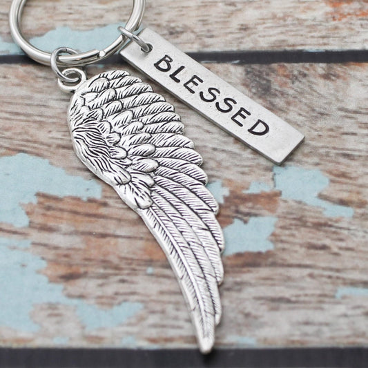 Blessed Angel Wing Keychain, Personalized Hand Stamped Inspirational Keychain, Gift for Her, Inspirational Key chain, Bird Wing Keychain
