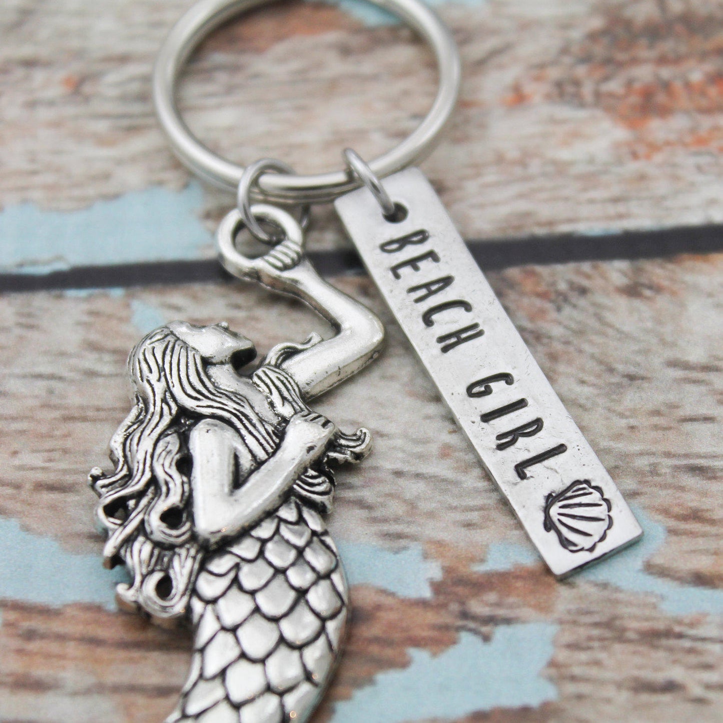 Beach Gift Mermaid Keychain, Personalized Hand Stamped Beach Keychain, Gift for Her, Resort Key chain, Nautical Key Fob