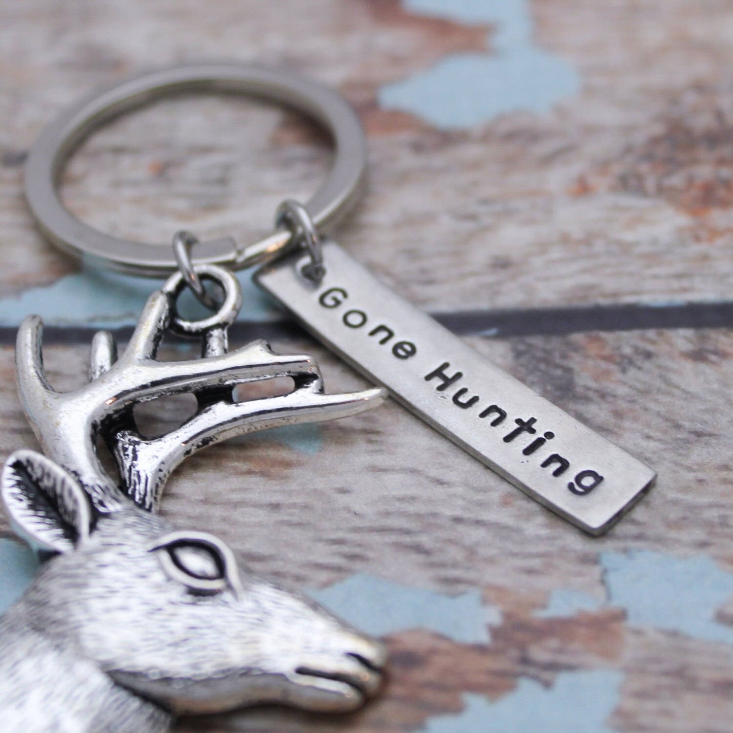 Gone Hunting Deer Buck Keychain, Personalized Hand Stamped Deer Keychain, Gift for Him, Hunting Gift, Gift for Hunter, Deer Key Chain