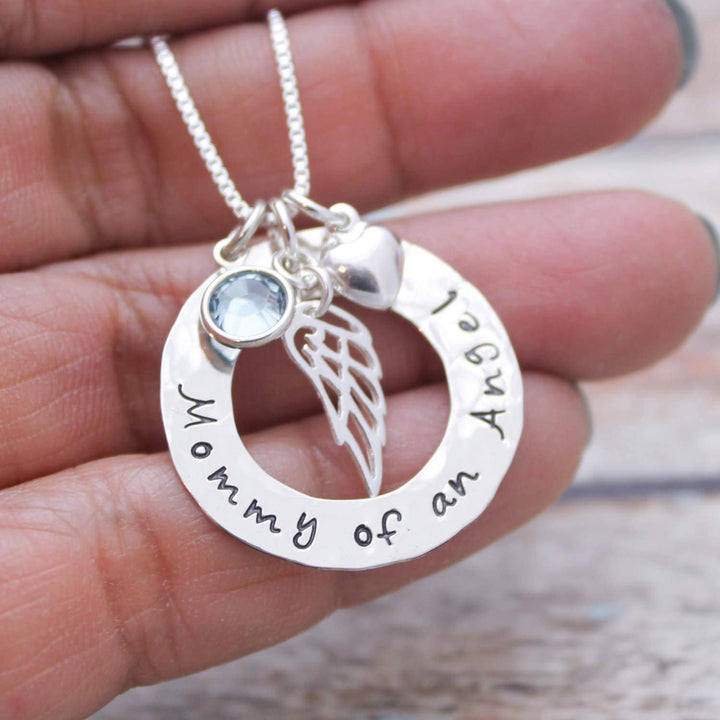 Mommy of an Angel Necklace, Angel Wing Necklace, Remembrance Jewelry, Memorial Jewelry, Miscarriage, Hand Stamped Personalized Jewelry
