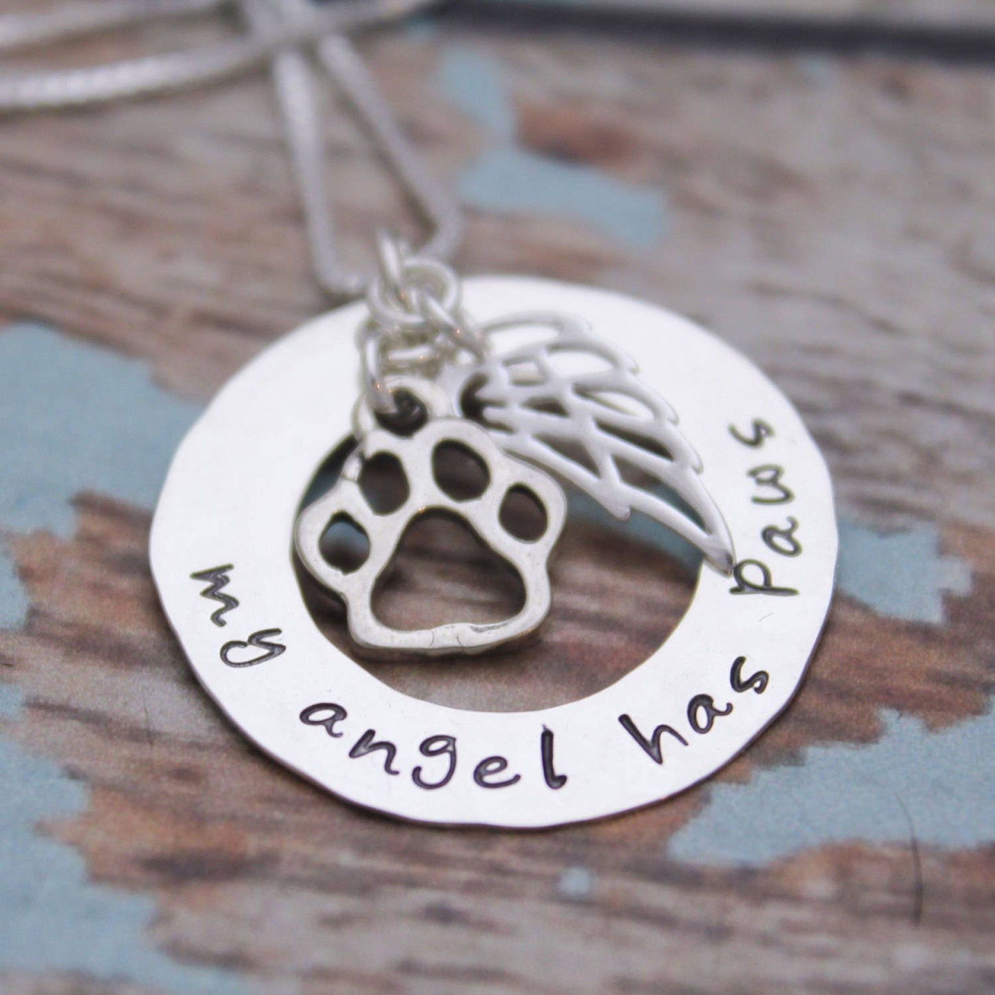 My Angel Has Paws Necklace, Pet Remembrance Jewelry, Pet Memorial Jewelry, Sterling Silver Angel Wing & Paw, Pet Loss Necklace, Hand Stamped