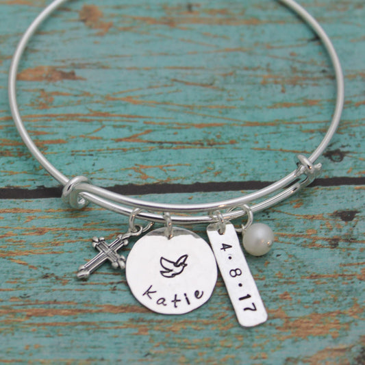 Personalized Confirmation Bangle, Communion Bracelet, Confirmation Gift, with Date Cross Dove Adjustable Bangle Hand Stamped Sterling Silver