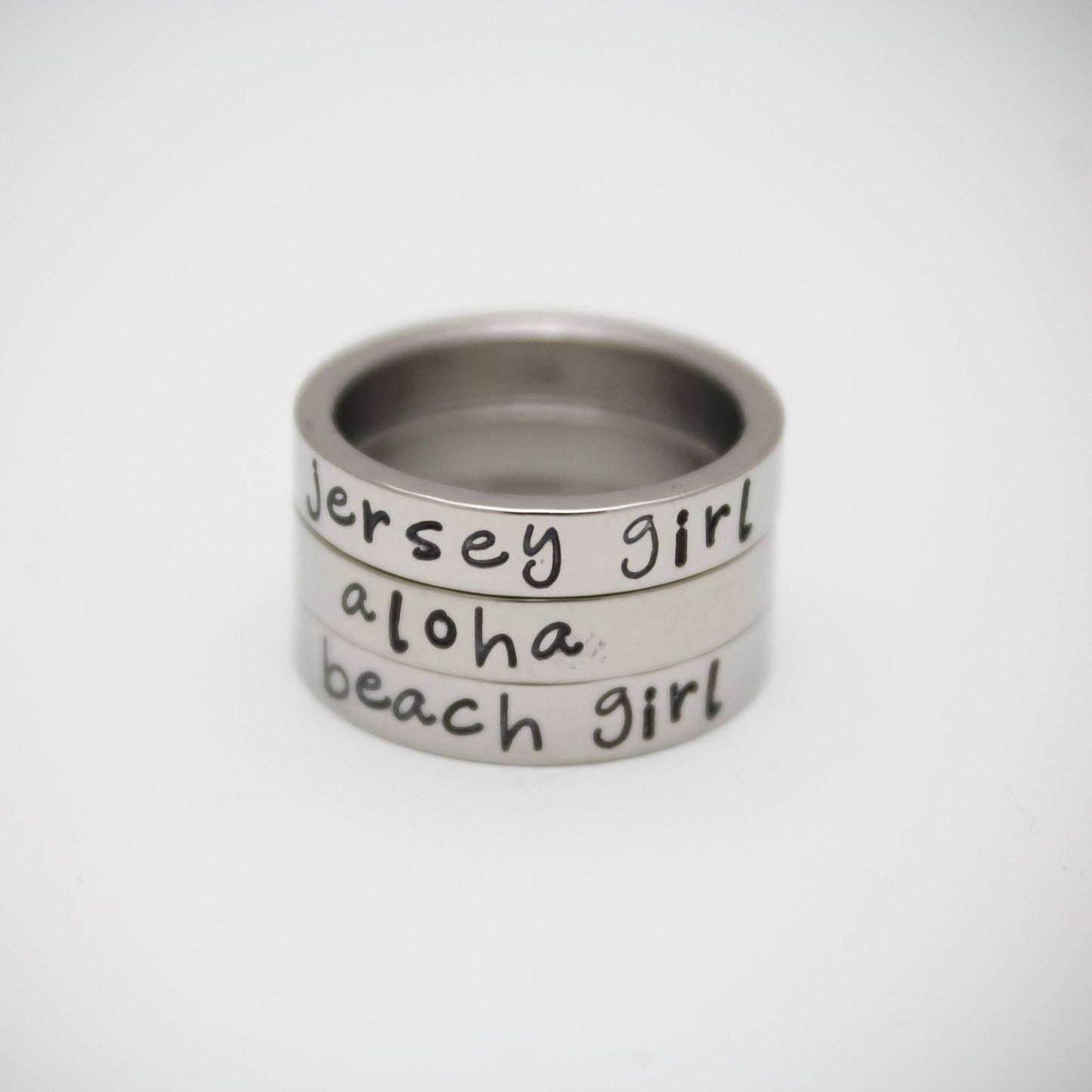 Personalized Stacking Ring, Customized Silver Ring, Hand Stamped Stainless Steel Name Ring, Shiny Silver Custom Ring, Stacking Rings