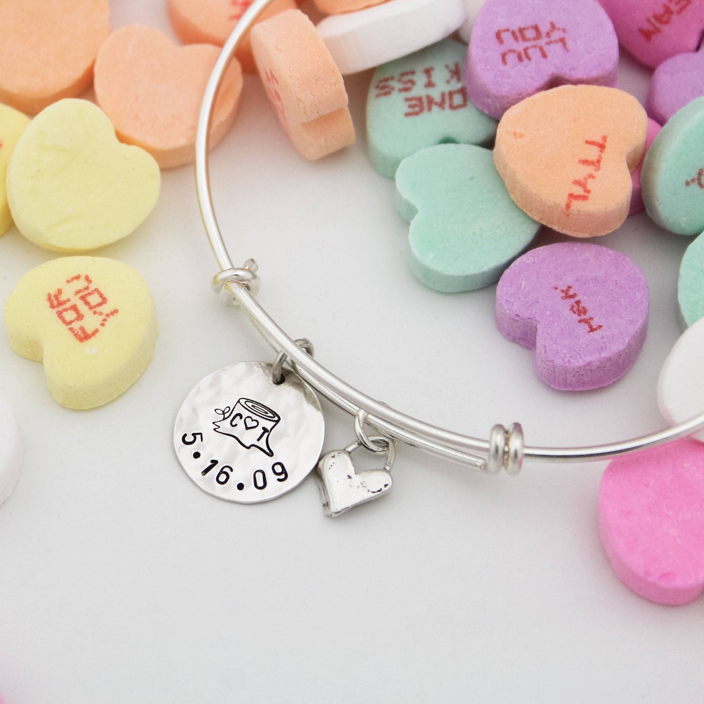 Valentine's Day Gift Bracelet, Engagement Gift Bangle, Initials & Date Bangle, Wedding Bracelet, Tree Stump Bracelet, Initial Date Bracelet