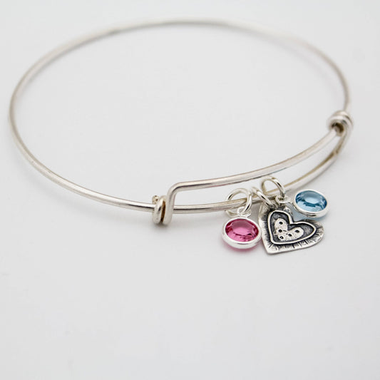 Heart Bangle Bracelet with Birthstones, Heart Jewelry, Valentine's Day Gift Bracelet, Engagement Gift, Galentine's Day Gift, Gifts for Her