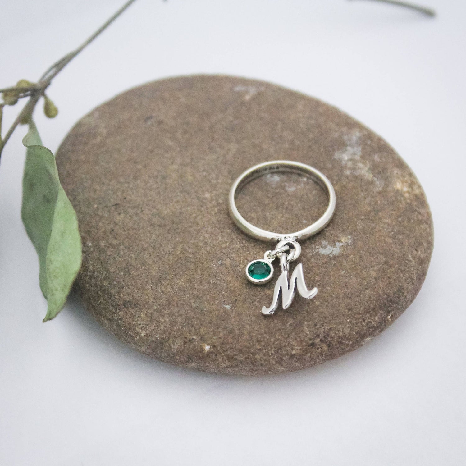 Initial Birthstone Charm Ring. Sterling Silver Charm Ring. Charm Dangle Ring. Personalized Jewelry. Gifts for Her. Mother's Day Gift