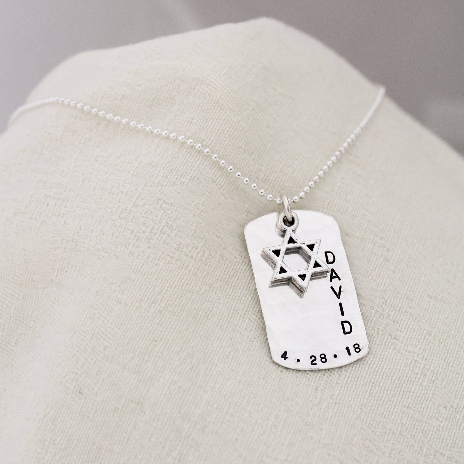 Personalized Boys Bar Mitzvah Necklace Sterling Silver, Personalized Star of David Necklace, Custom Bar Mitzvah Dog Tag Charm, Hand Stamped