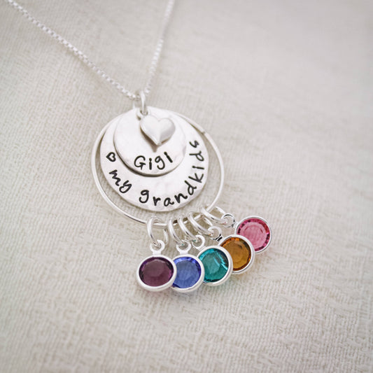 Custom Birthstone and Initial Necklace Silver, Covey Necklace for Three  Grandchildren