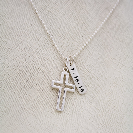 Personalized Boys Cross Necklace, Boys Confirmation or First Communion Gift, Silver Cross with Date Necklace for Boys, Hand Stamped