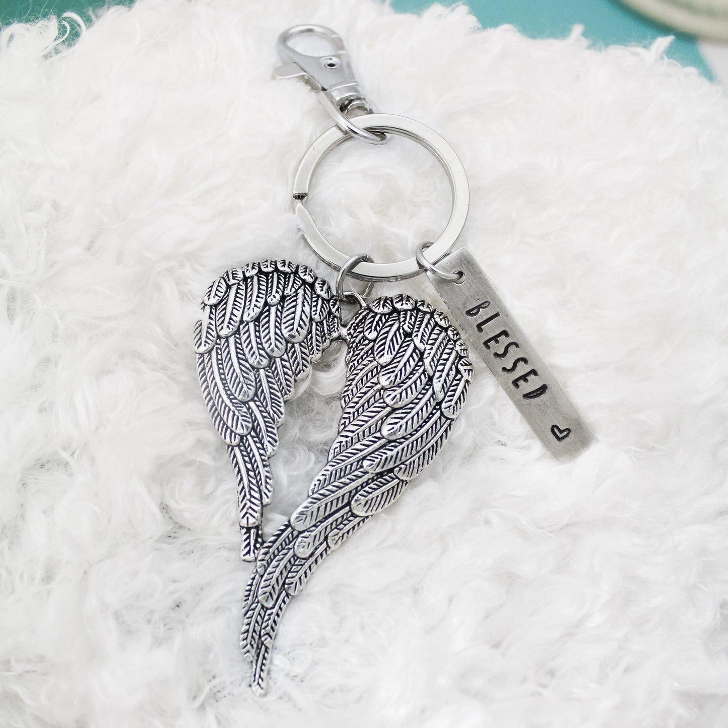 Angel Wing Key Chain, Angel Wing Blessed Heart KeyChain, Angel Wing Key Fob, Angel Key Ring, Double Angel Wings,  Hand Stamped Personalized