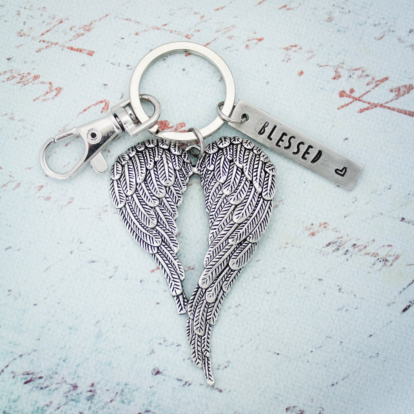 Angel Wing Key Chain, Angel Wing Blessed Heart KeyChain, Angel Wing Key Fob, Angel Key Ring, Double Angel Wings,  Hand Stamped Personalized