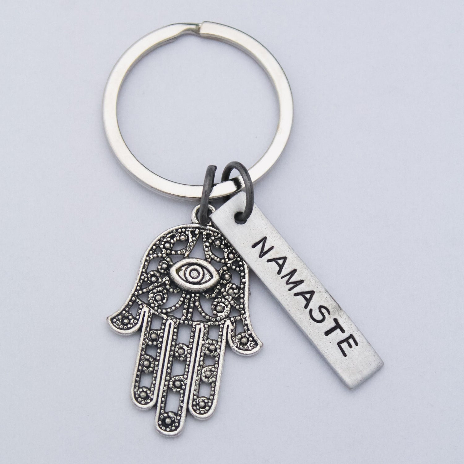 Namaste Hamsa Hand Evil Eye Key Chain, Yoga Teacher Gift, Yoga Gift, Yoga Jewelry, Breathe Keychain, Hand Stamped Personalized Jewelry
