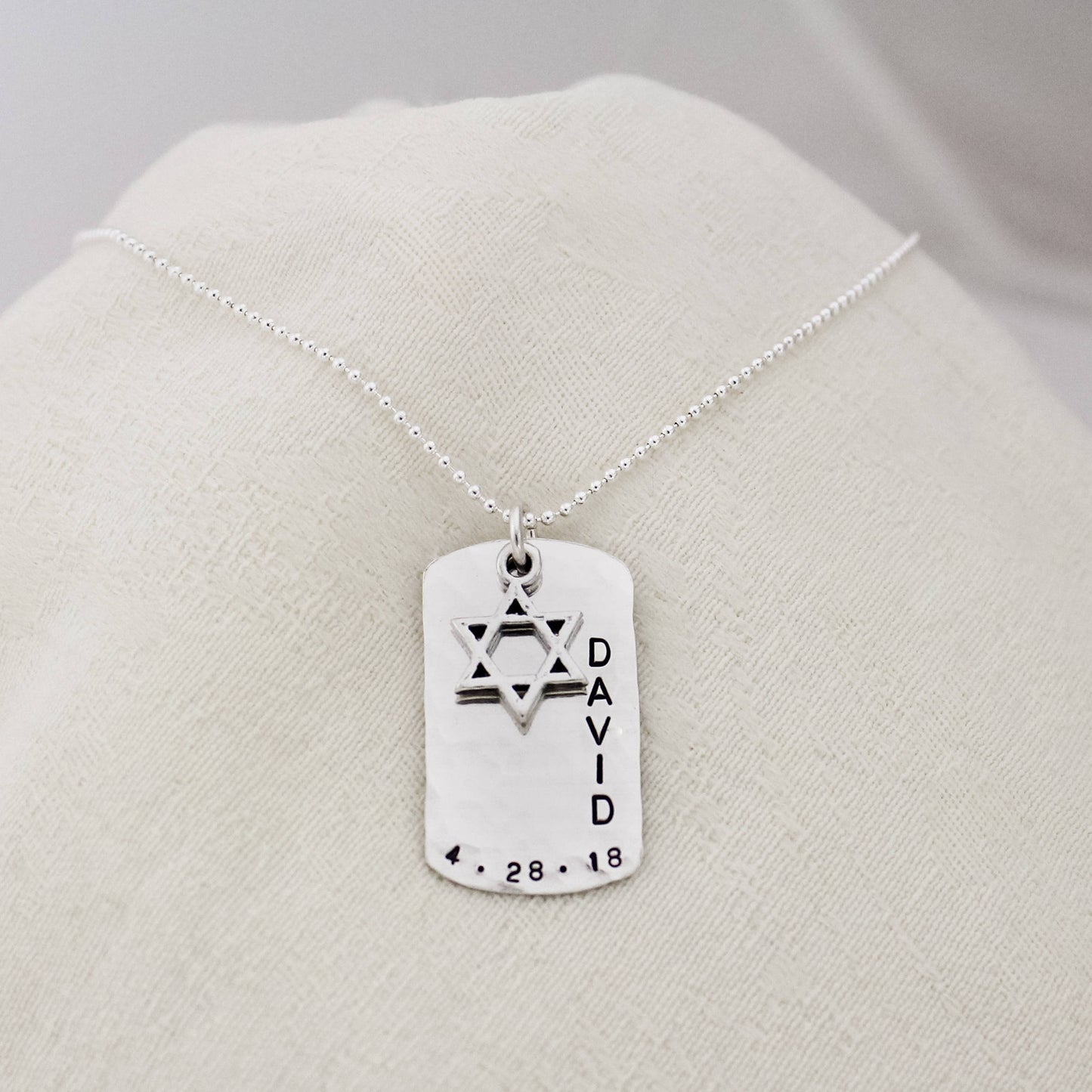 Personalized Boys Bar Mitzvah Necklace Sterling Silver, Personalized Star of David Necklace, Custom Bar Mitzvah Dog Tag Charm, Hand Stamped