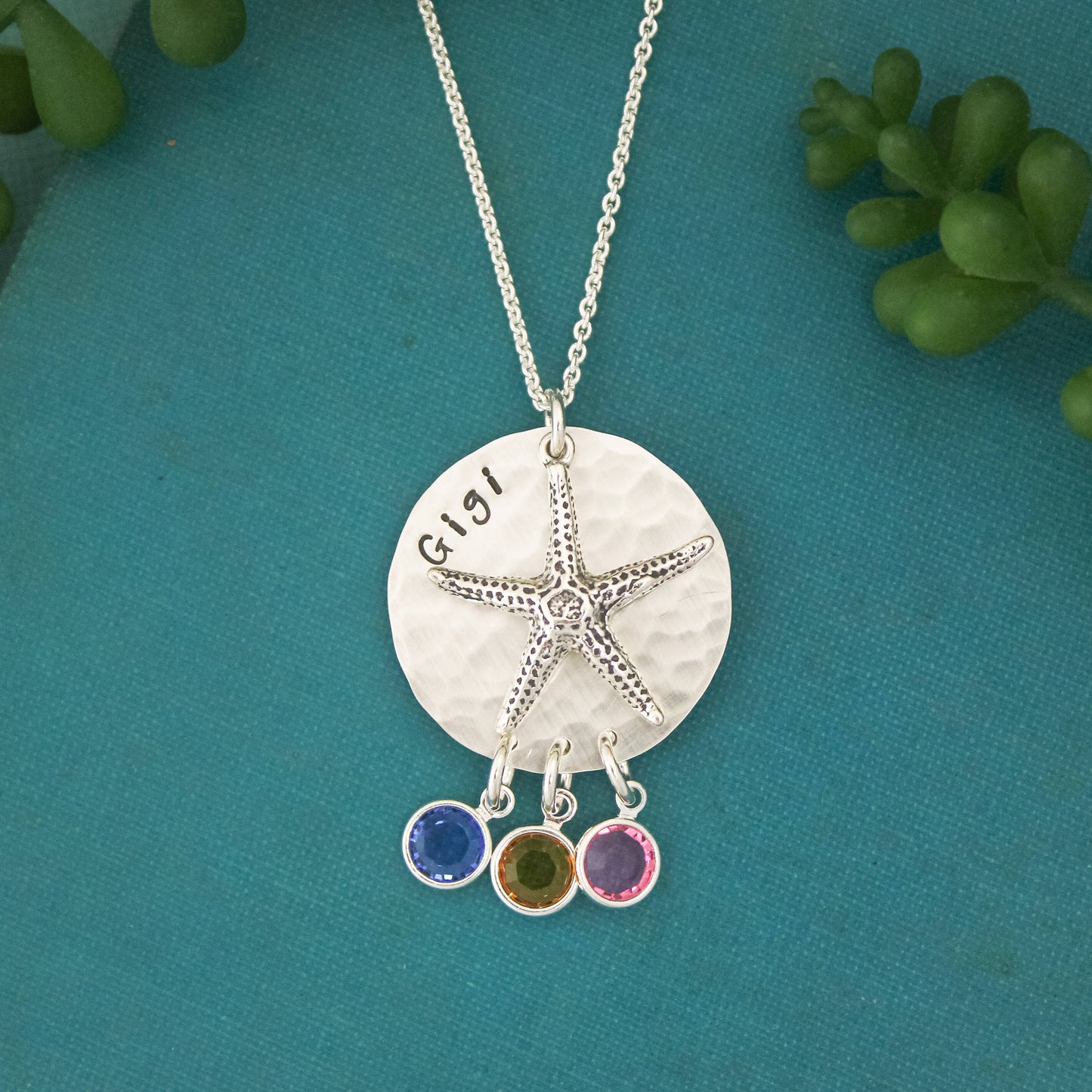 Personalized Starfish Grandma Mom Necklace with Birthstone, Beach Grandmother Necklace, Starfish Mother Necklace, Hand Stamped Jewelry