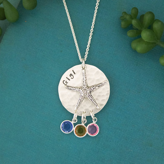 Personalized Starfish Grandma Mom Necklace with Birthstone, Beach Grandmother Necklace, Starfish Mother Necklace, Hand Stamped Jewelry