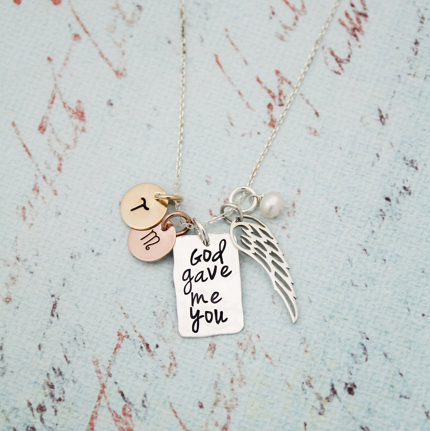 God Gave Me You Necklace, Cross Necklace, Angel Wing Jewelry, Mom Necklace, Mommy Jewelry, Birthstone Necklace, Sterling Silver Hand Stamped