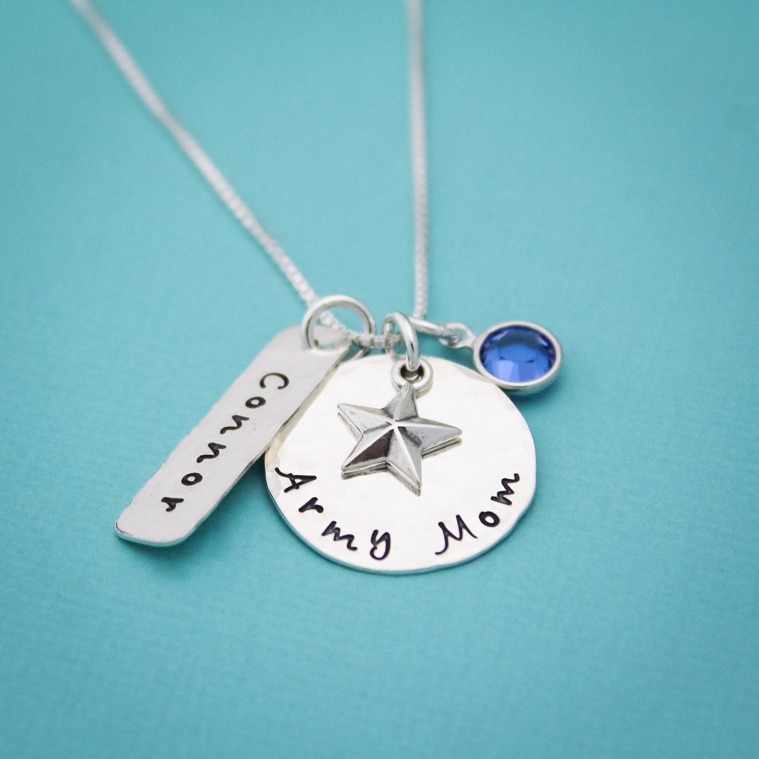 Army Mom Necklace in Sterling Silver with Star Charm, Name and Birthstone Customized Hand Stamped Jewelry