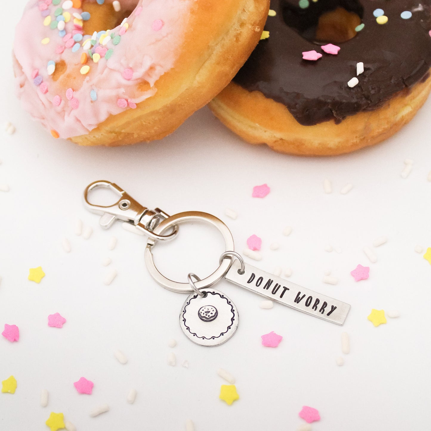 Donut Worry Keychain, Donut Keychain, Donut Lover Gift, Donut Key Chain, Personalized Hand Stamped, Gift for Him, Gift for Her