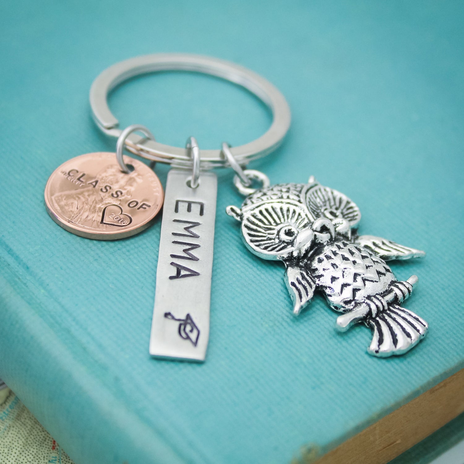 Personalized Lucky Keychain, Lucky Grad Keychain, Graduation Gifts, Lucky Penny Keychain, Graduate Gift, Compass Key Chain, Owl Tree of Life