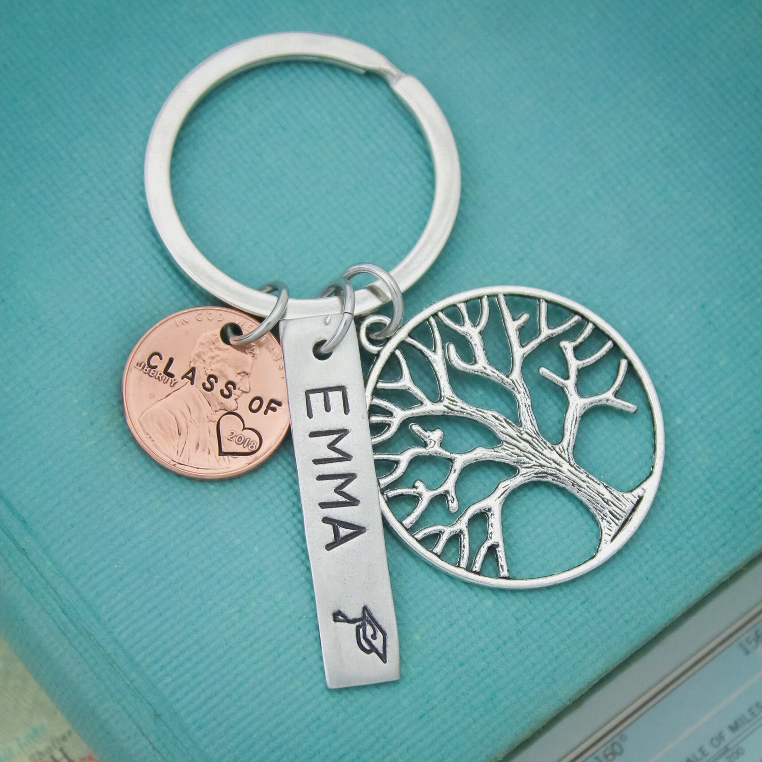 Personalized Lucky Keychain, Lucky Grad Keychain, Graduation Gifts, Lucky Penny Keychain, Graduate Gift, Compass Key Chain, Owl Tree of Life
