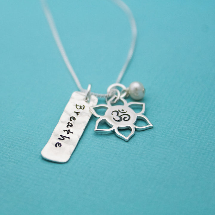 Breathe Necklace, Yoga Jewelry, Lotus Flower Necklace, Ohm Necklace, Yoga Necklace, Sterling Silver Hand Stamped Jewelry