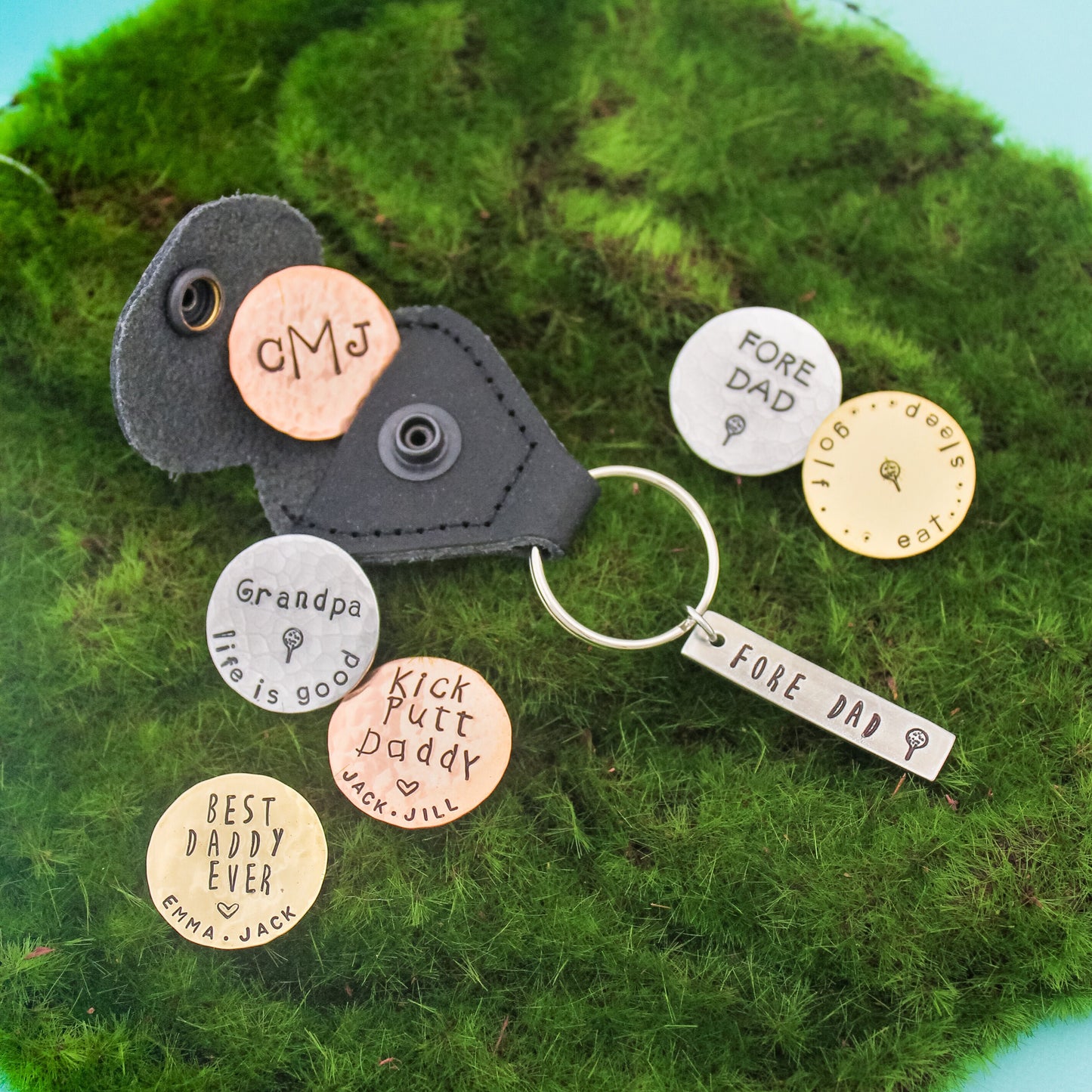 Golf Marker with Keychain, Father's Day Gifts, Gifts for Him, Dad or Grandpa Copper, Brass, Aluminum Hand Stamped Personalized Key Chain