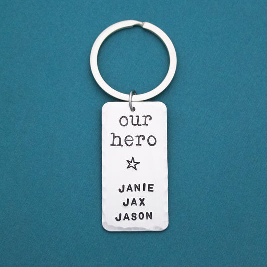Our Hero Dad Keychain, Personalized Key Chain, My Hero Keychain, Gifts for Him, Handstamped, Personalized Gift, Great Father's Day Gift