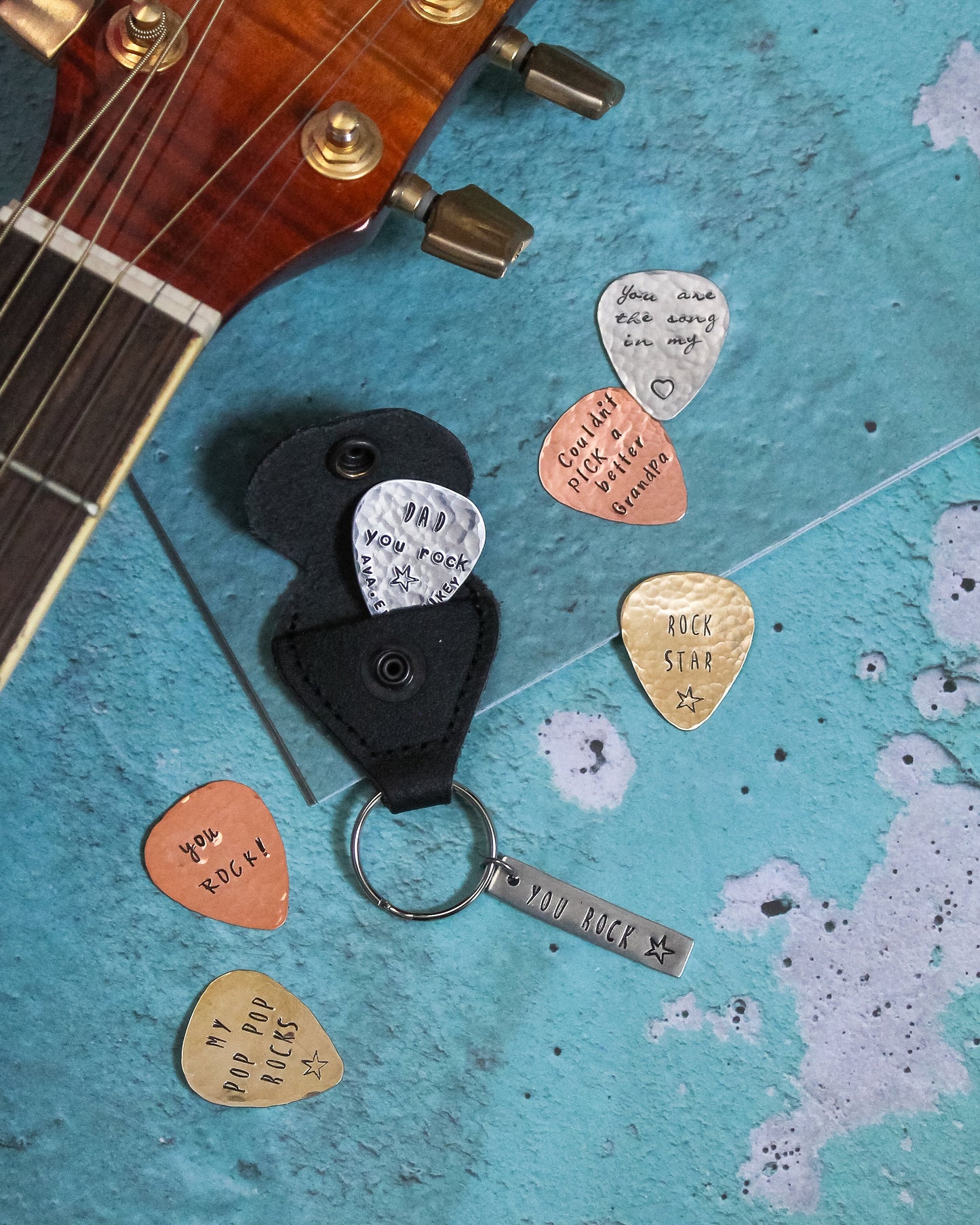 Guitar Pick Keychain with Case, Father's Day Gifts, Gifts for Him, Gifts for Guitar Players, You Rock, I Pick You, Personalized Hand Stamped