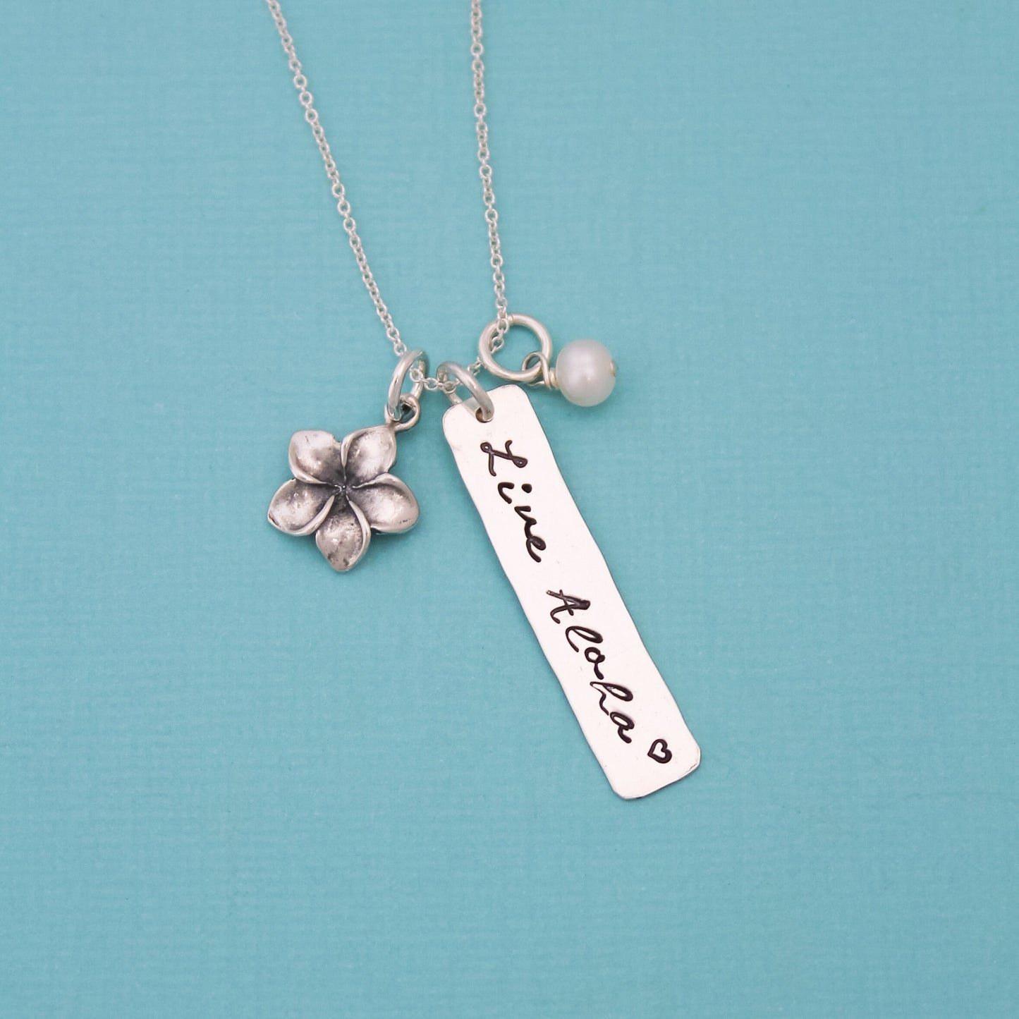LIVE ALOHA Tag Necklace, Plumeria Necklace, Hawaiian Jewelry, Hand Stamped Necklace, Personalized Jewelry, Gifts for Her