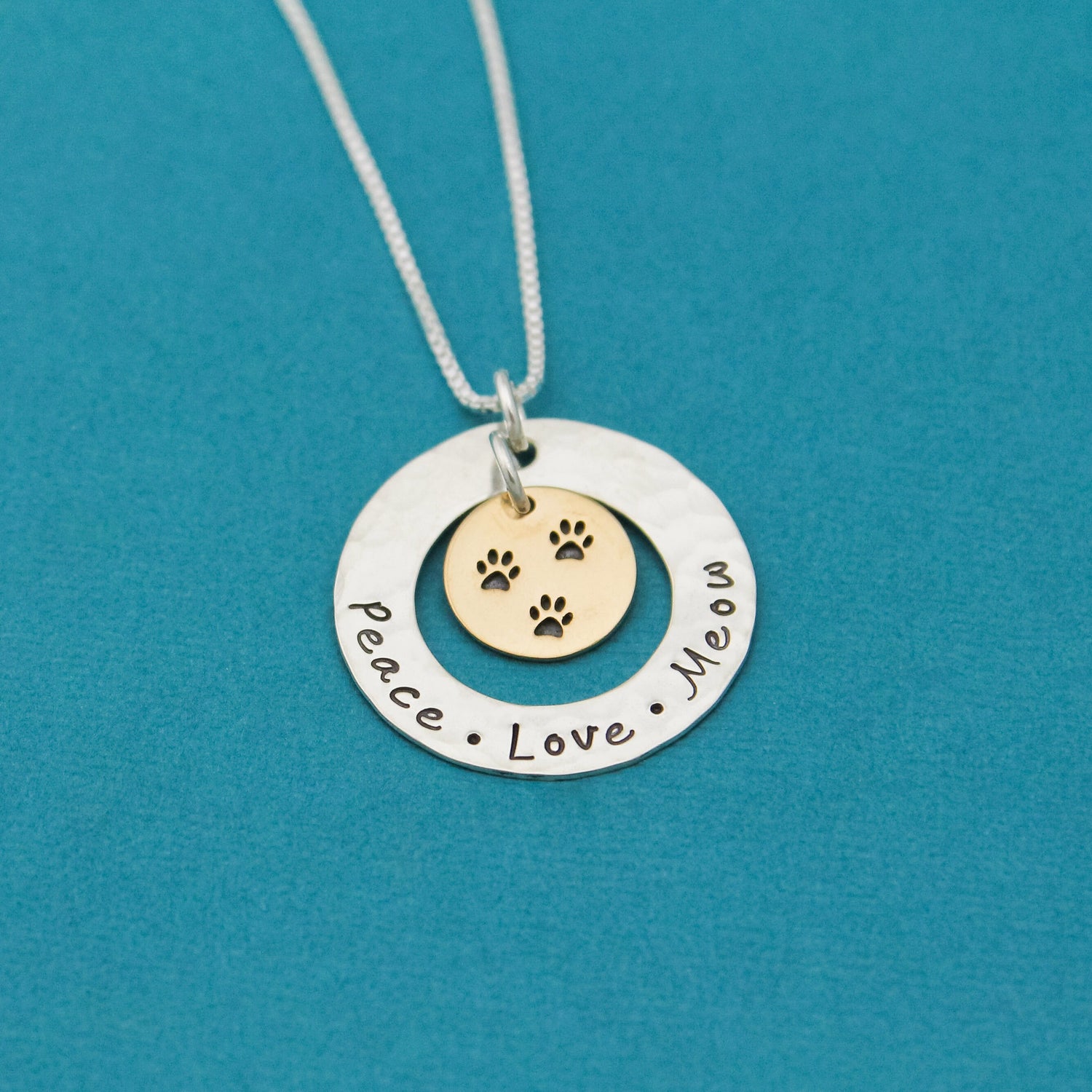 Peace Love Meow Necklace, Cat Lovers Necklace, Peace Love Meow Gift, Cat Jewelry, Paw Print Jewelry, Cat Lady Gift, Kitty Gift