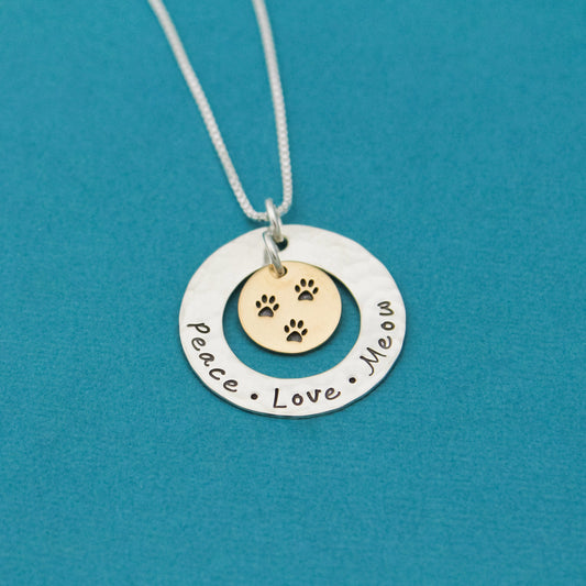 Peace Love Meow Necklace, Cat Lovers Necklace, Peace Love Meow Gift, Cat Jewelry, Paw Print Jewelry, Cat Lady Gift, Kitty Gift