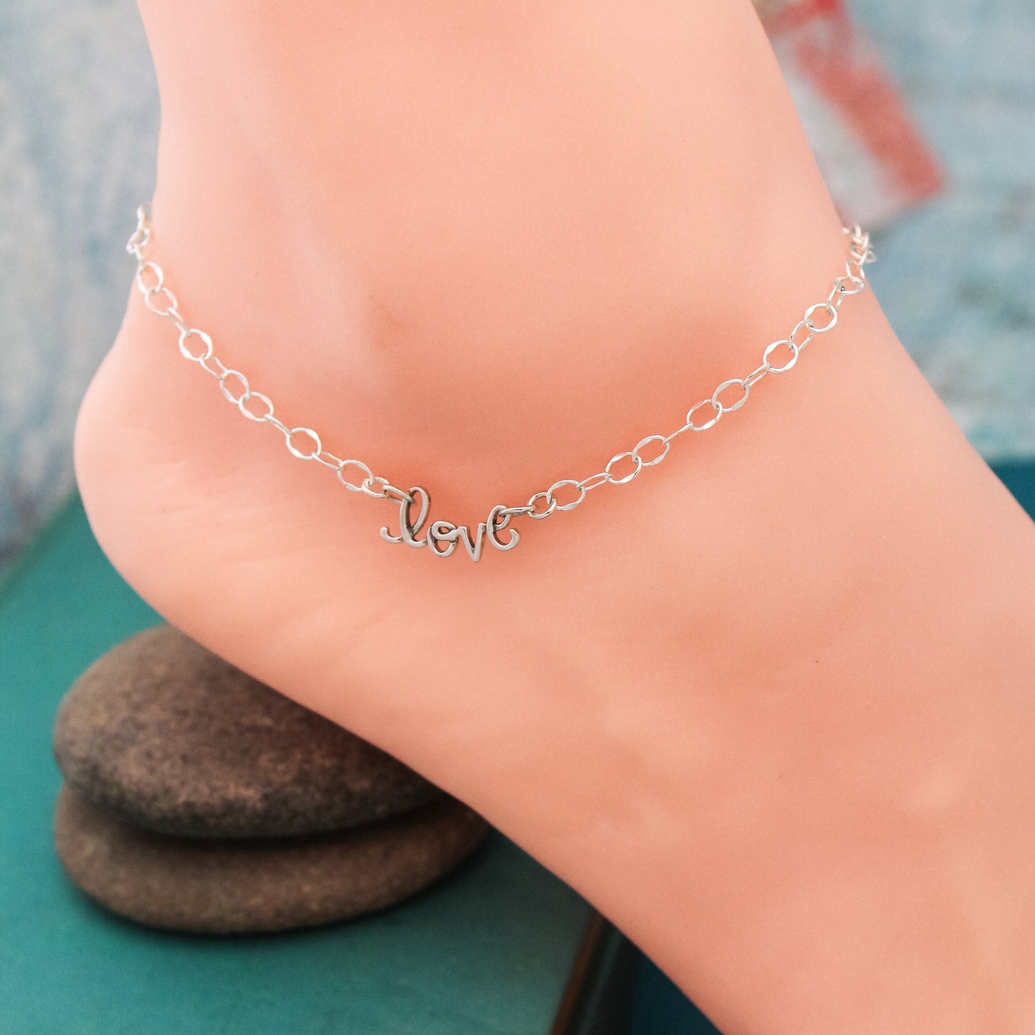 Love Anklet, Anniversary Gift, Love Charm anklet Jewelry, Love Jewelry, Sterling Silver Anklet, Gifts for Her, Summer Cruise Jewelry