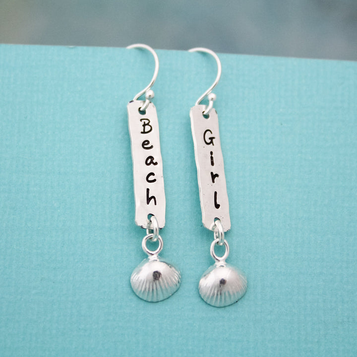 Beach Girl Earrings, Beach Shore Shell Earrings, Beach Lover Earrings, Hand Stamped, Personalized, Sterling Silver Earrings