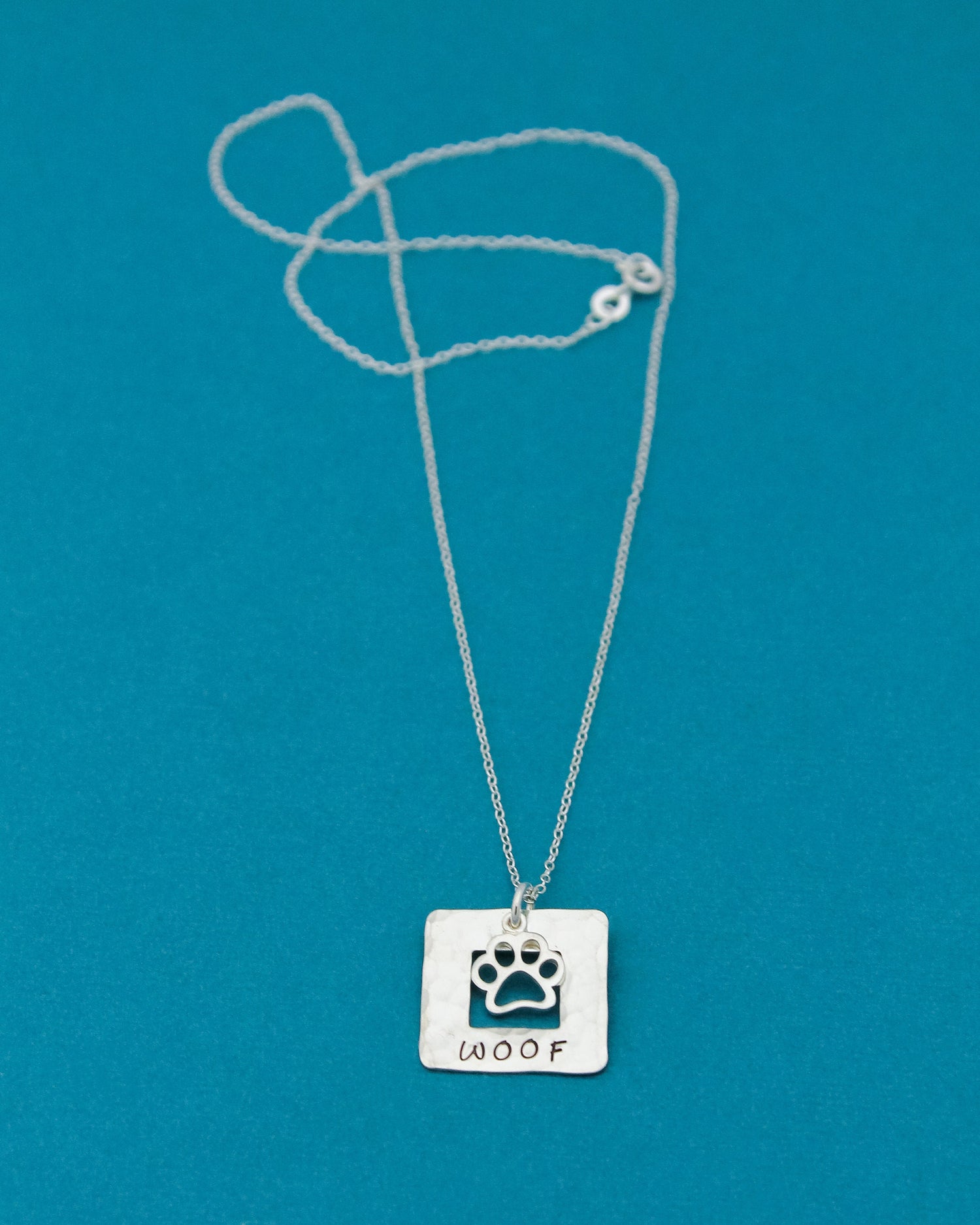 WOOF Necklace, Sterling Silver Dog Paw Necklace, Dog Lover Gift, New Pet Gift, Dog Paw Jewelry, Paw Print Necklace, Hand Stamped Jewelry