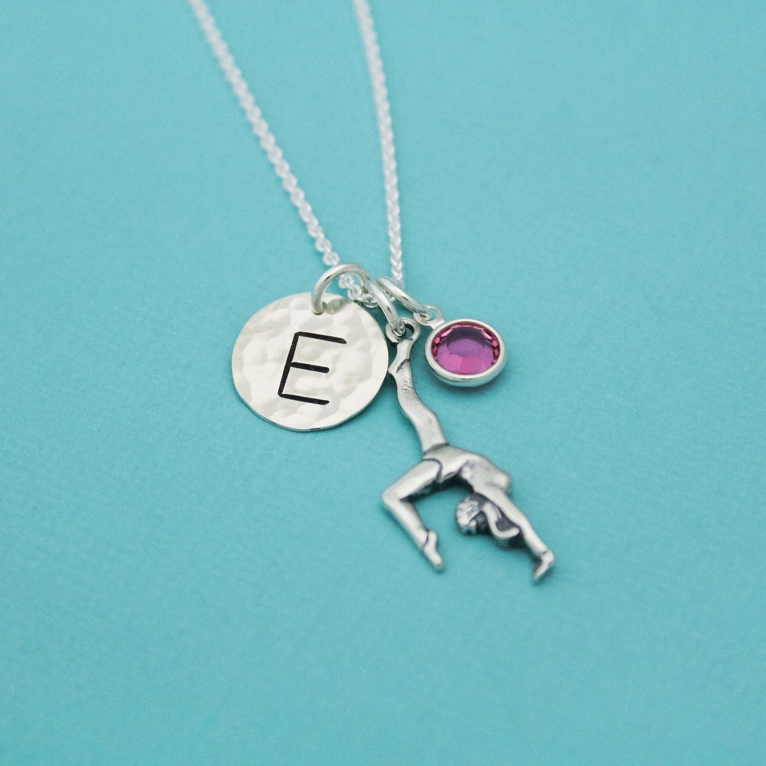 Gymnast Charm Necklace Sterling Silver with Birthstone and Initial Personalized Hand Stamped Necklace-
