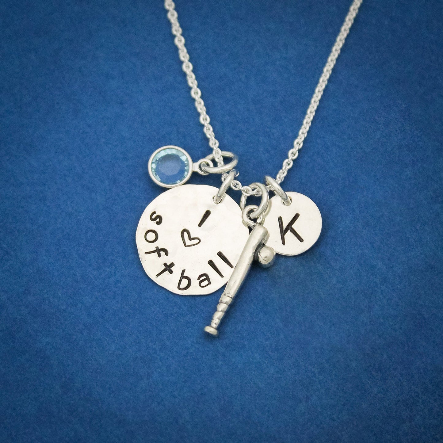 Softball Team Necklace, Silver Baseball Bat + Ball Charm Necklace, Sports Team Jewelry, Personalized Team Jewelry, Hand Stamped Necklace