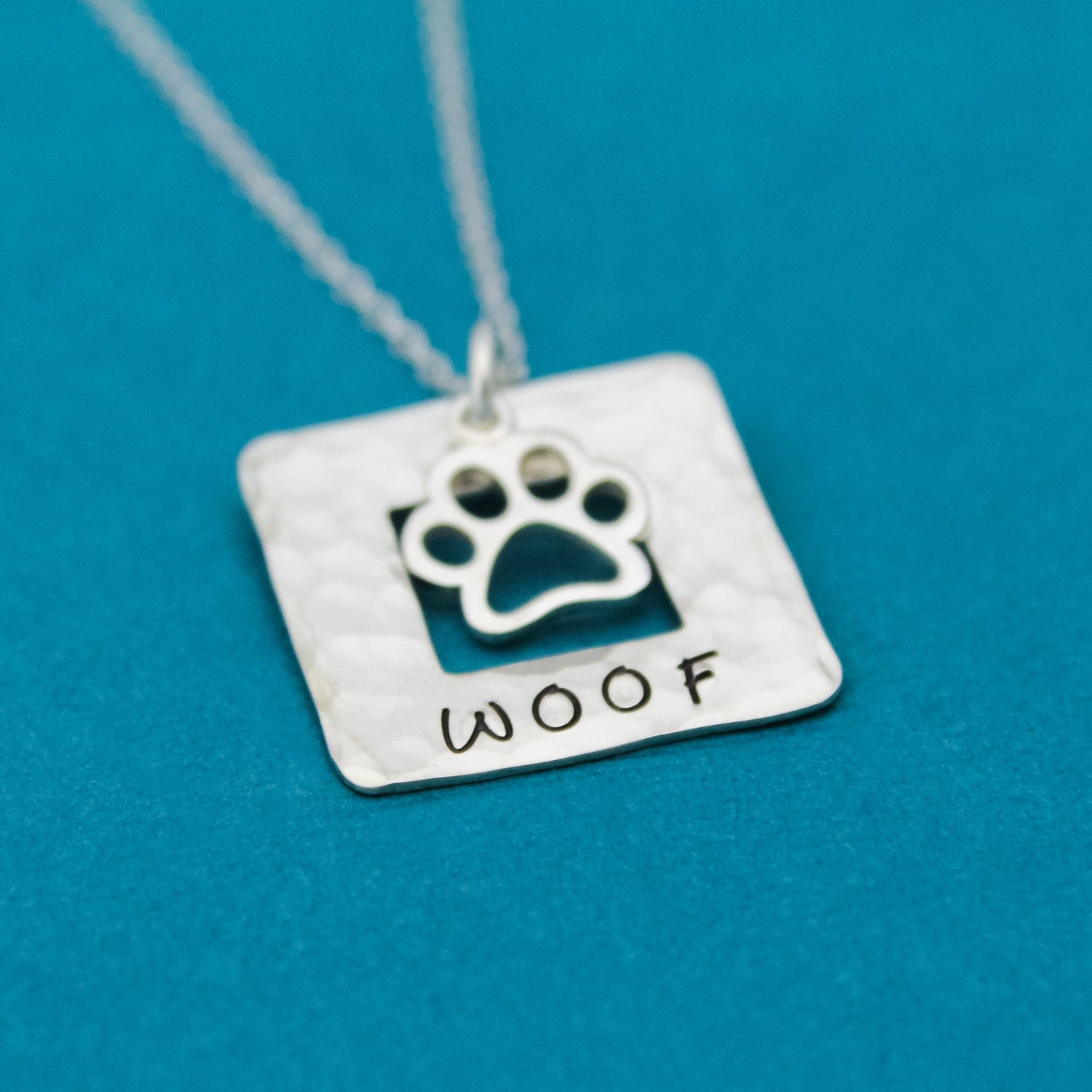 WOOF Necklace, Sterling Silver Dog Paw Necklace, Dog Lover Gift, New Pet Gift, Dog Paw Jewelry, Paw Print Necklace, Hand Stamped Jewelry