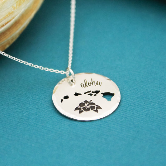 Hawaii Aloha Necklace, Hawaiian Islands Cut Out Necklace, Hawaiian Jewelry, Hibiscus Flower Necklace, Personalized Jewelry, Aloha Jewelry